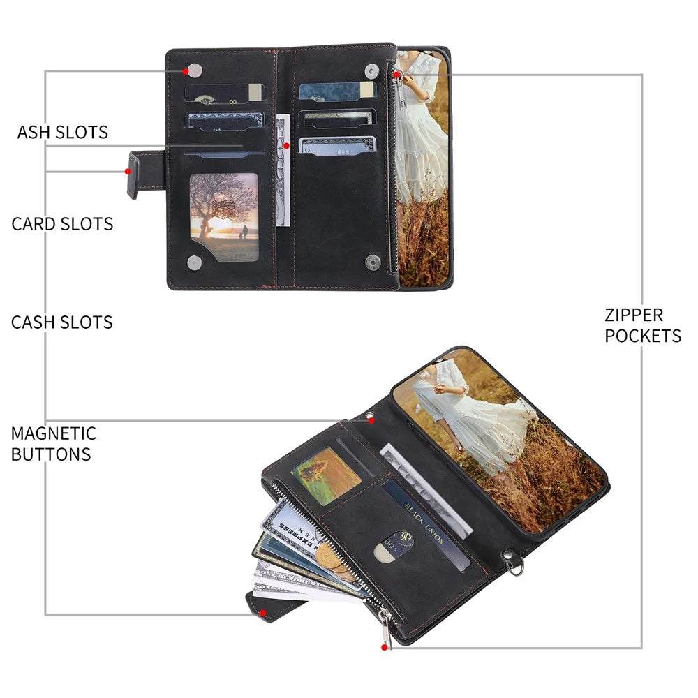 Zipper Pocket Leather Phone Cover for iPhone XR 6.1 inch, 005 Style Rhombus Texture Multiple Card Slots Stand Case with Shoulder Strap and Hand Strap - Black - 4