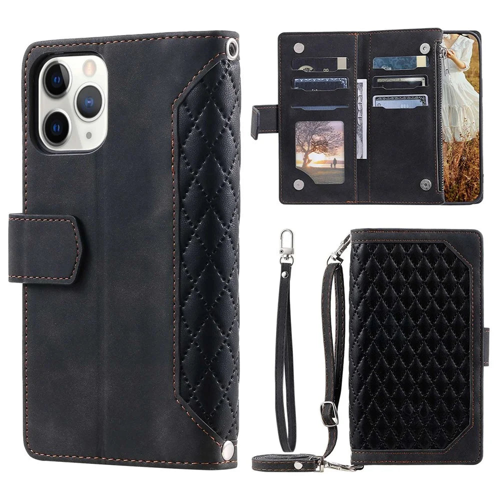 For iPhone 11 Pro 5.8 inch 005 Style Multiple Card Slots Rhombus Texture PU Leather Zipper Pocket Stand Phone Case with Shoulder Strap and Hand Strap - Black - 1