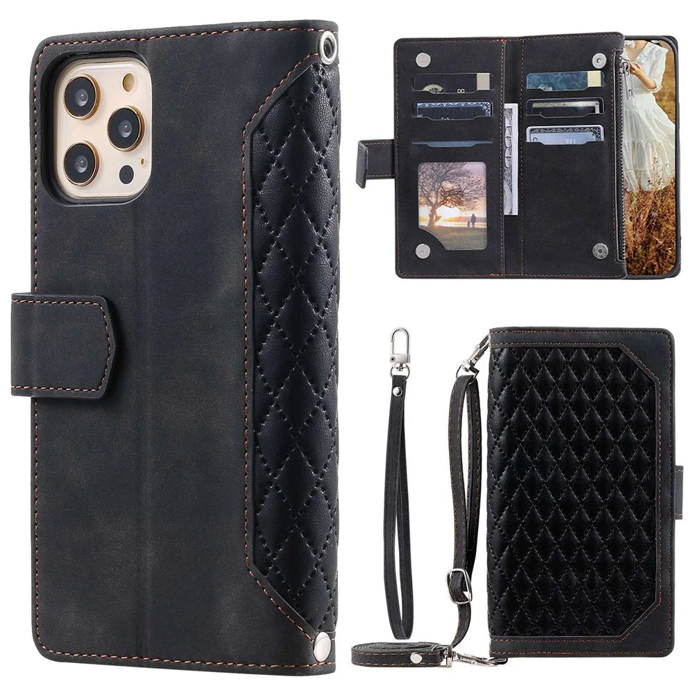 005 Style Phone Wallet Case For iPhone 12 6.1 inch / 12 Pro 6.1 inch, Card Holder Anti-drop PU Leather Rhombus Texture Zipper Pocket Phone Cover Stand with Strap - Black - 1