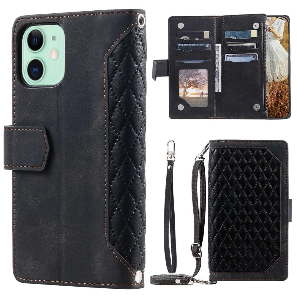005 Style Phone Cover For iPhone 12 mini 5.4 inch, Wear-resistant Rhombus Texture PU Leather Flip Case Zipper Pocket Wallet Stand Card Holder with Strap - Black - 1