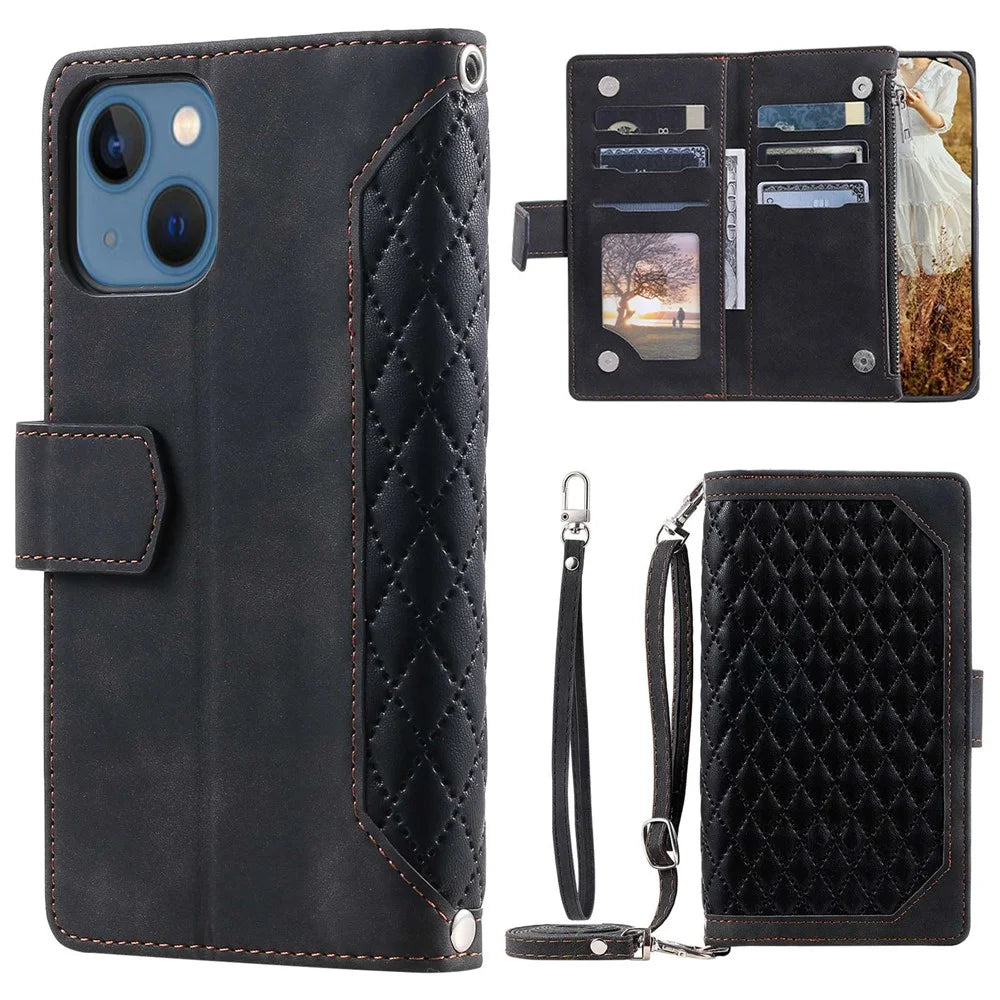 005 Style For iPhone 13 6.1 inch, Drop-proof Zipper Pocket Phone Case Rhombus Texture Flip Wallet Cover Stand with Strap Card Holder - Black - 1