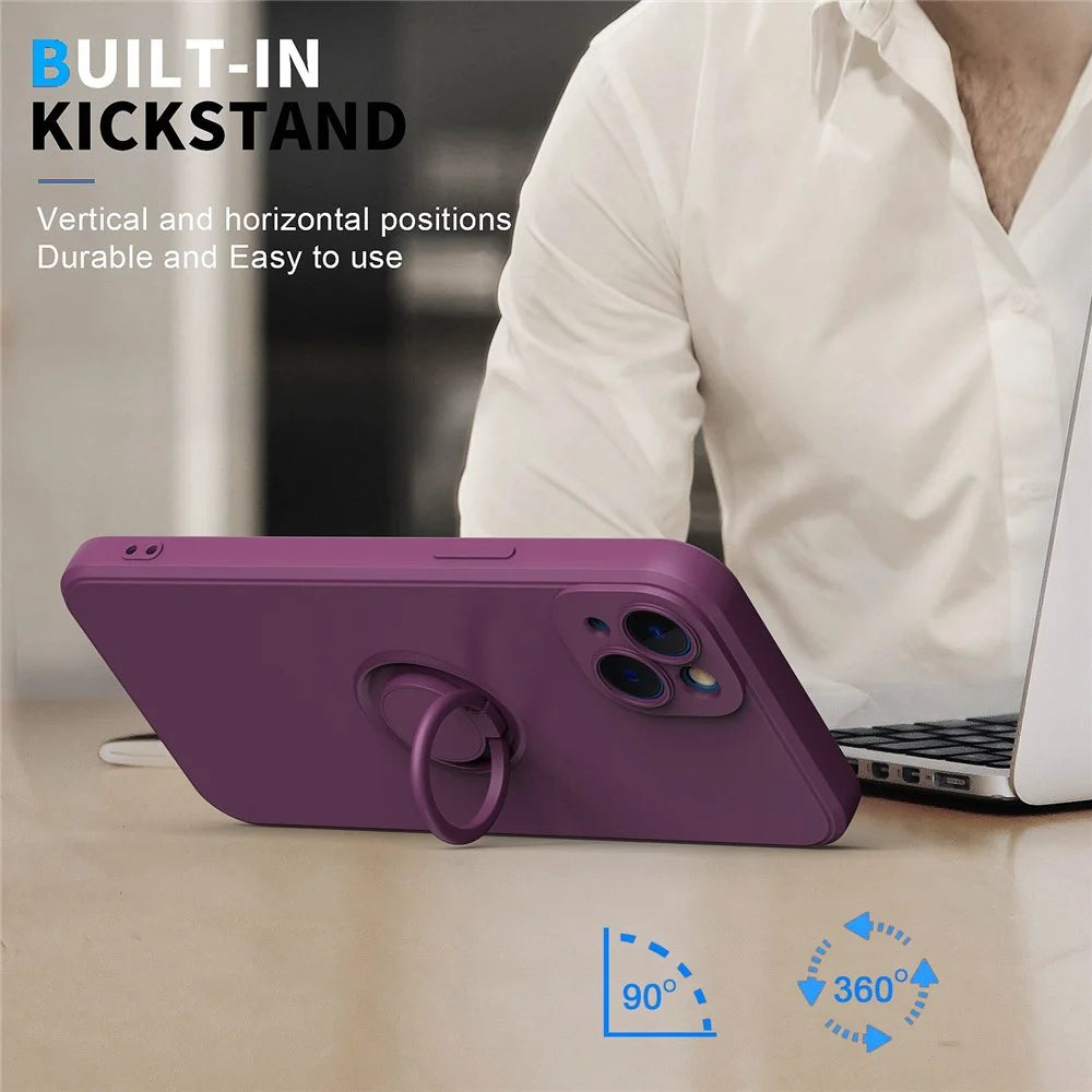 For iPhone 14 Plus 6.7 inch  Ring Holder Kickstand TPU Case Rubberized Soft TPU Cover with Built-in Metal Sheet - Cherry Blossom Purple - 2