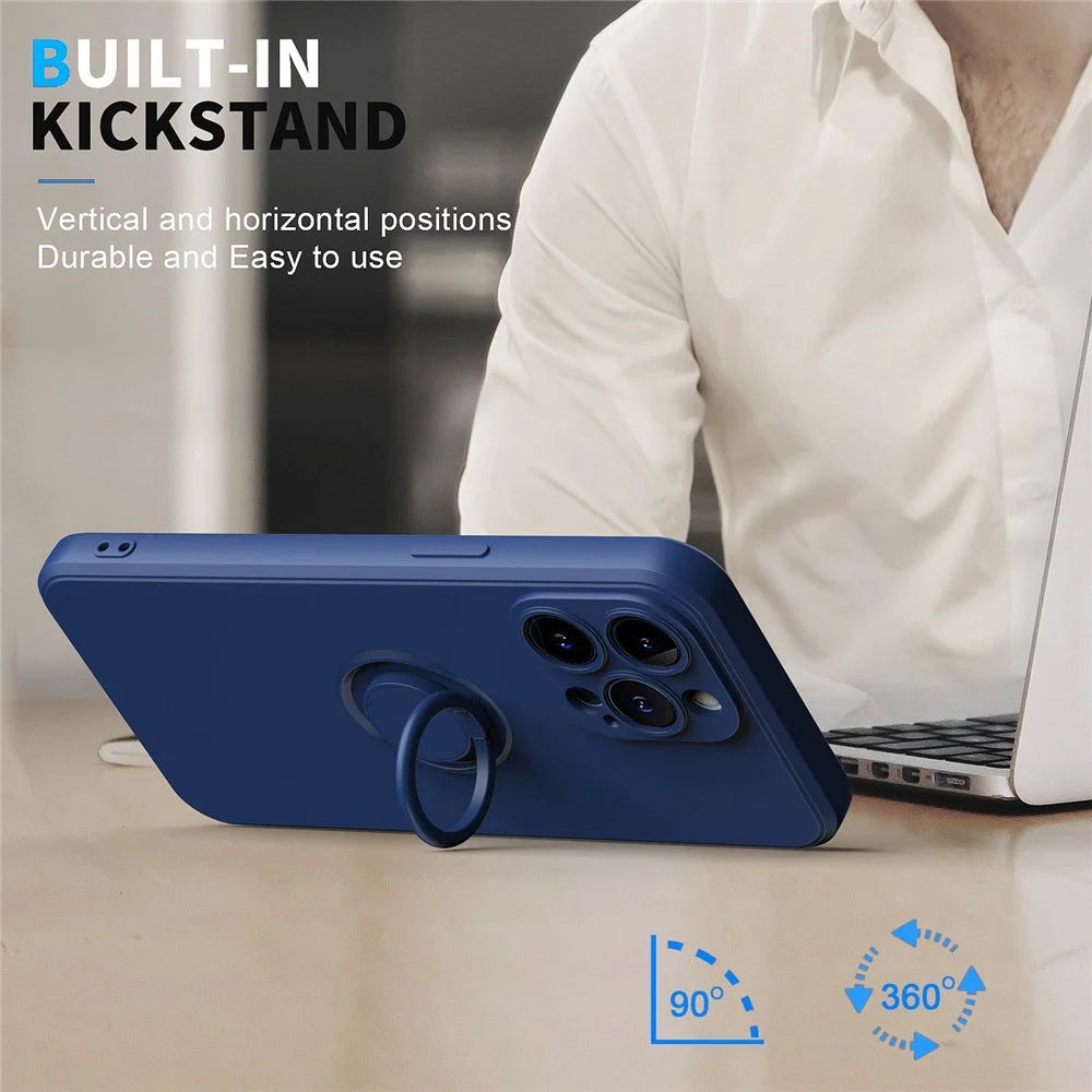 For iPhone 14 Pro 6.1 inch Ring Holder Kickstand Rubberized Phone TPU Case Car Mount Metal Sheet Protective Cover - Blue - 2