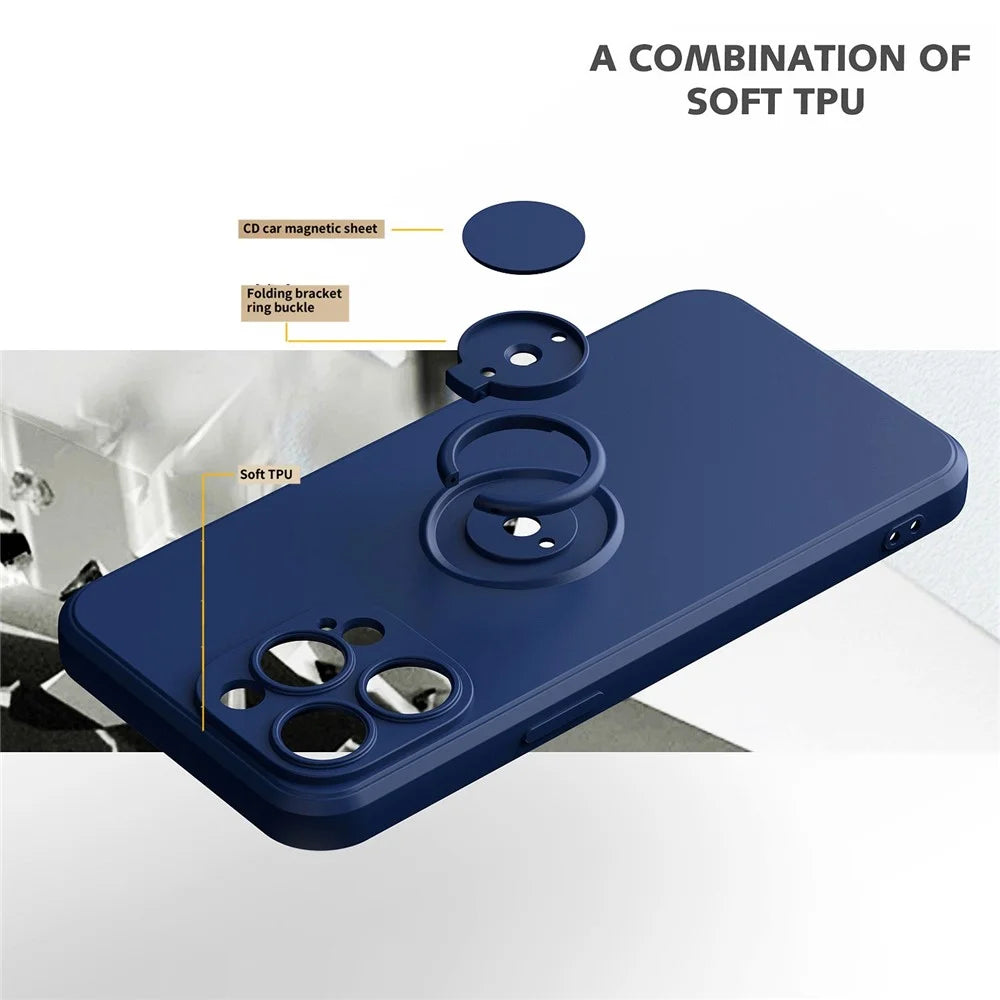 For iPhone 14 Pro 6.1 inch Ring Holder Kickstand Rubberized Phone TPU Case Car Mount Metal Sheet Protective Cover - Blue - 4