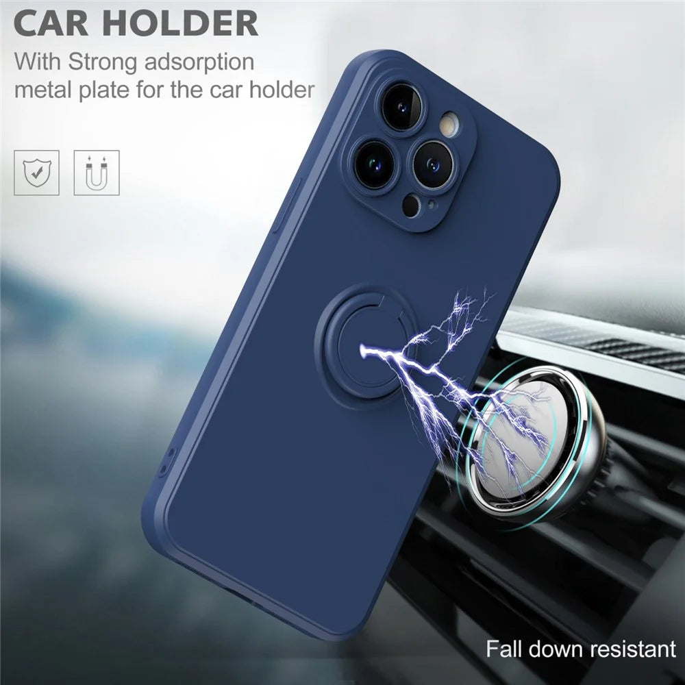 For iPhone 14 Pro 6.1 inch Ring Holder Kickstand Rubberized Phone TPU Case Car Mount Metal Sheet Protective Cover - Blue - 5
