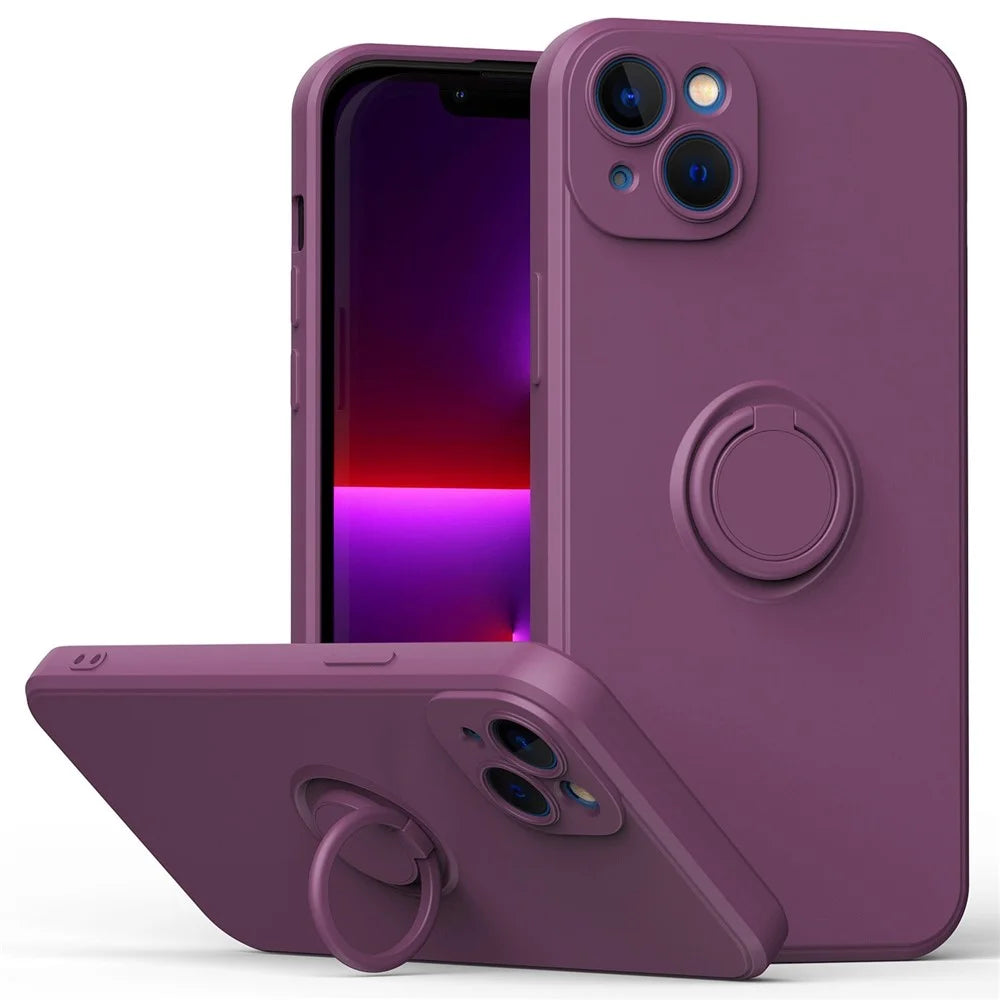 For iPhone 14 6.1 inch Ring Kickstand Phone Case Drop-proof Protection Rubberized TPU Back Cover - Cherry Blossom Purple - 1