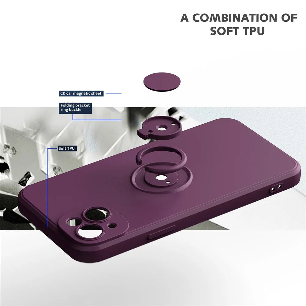 For iPhone 14 6.1 inch Ring Kickstand Phone Case Drop-proof Protection Rubberized TPU Back Cover - Cherry Blossom Purple - 4
