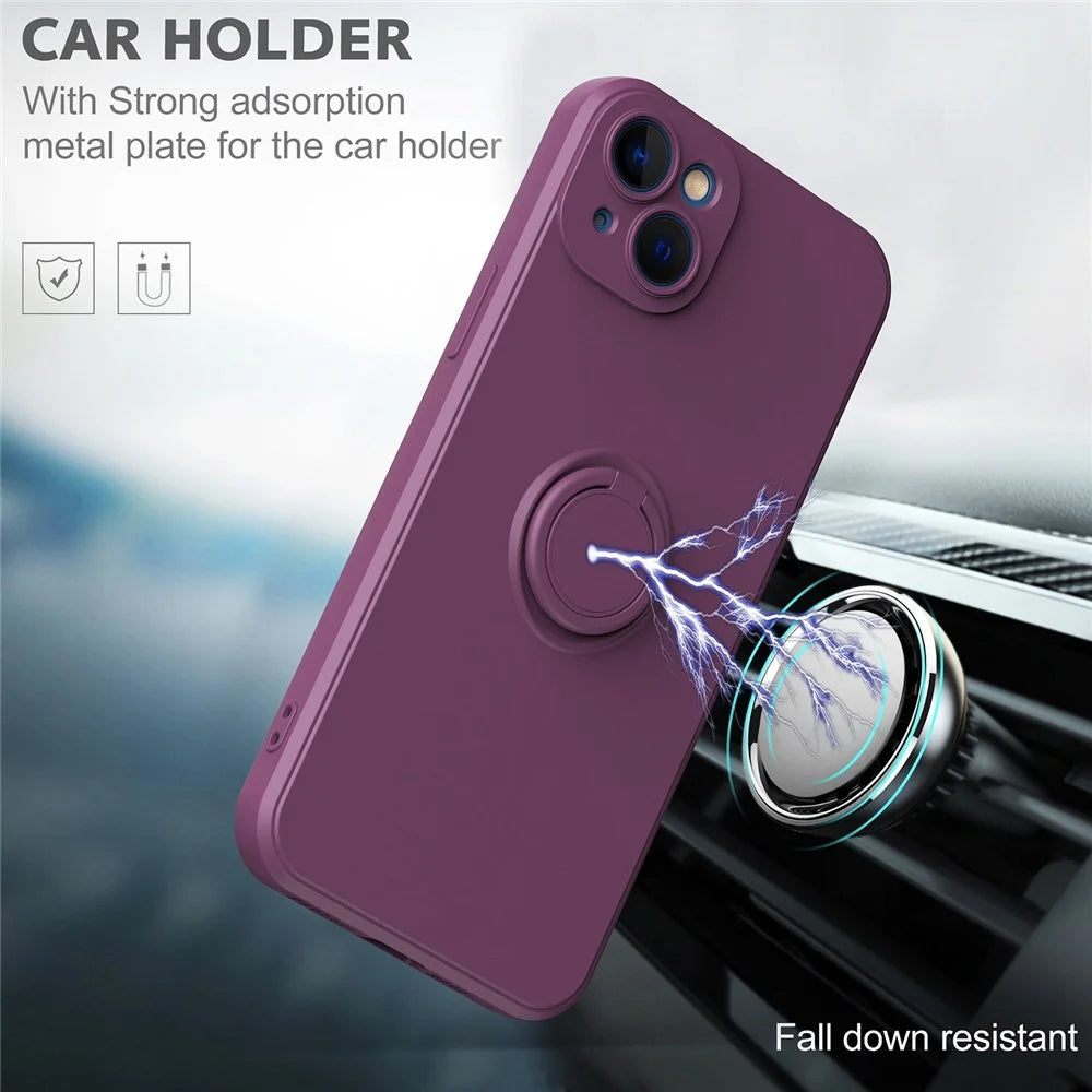For iPhone 14 6.1 inch Ring Kickstand Phone Case Drop-proof Protection Rubberized TPU Back Cover - Cherry Blossom Purple - 5