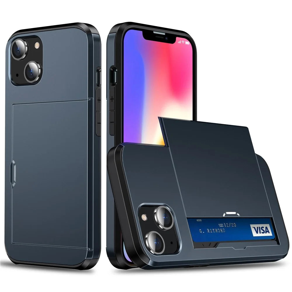 Card Holder Phone Case for iPhone 14 Plus 6.7 inch , TPU + PC Dual Layer Protective Cover - Navy Blue - 1