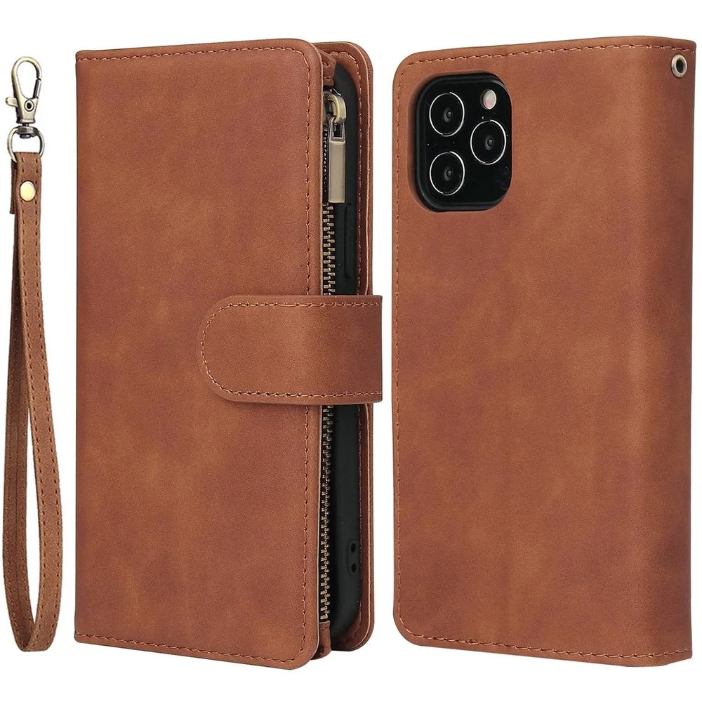 For iPhone 14 Plus 6.7 inch  Drop-proof Zipper Pocket Phone Wallet Case with Multiple Card Slots Protective PU Leather Flip Cover Stand - Brown - 1