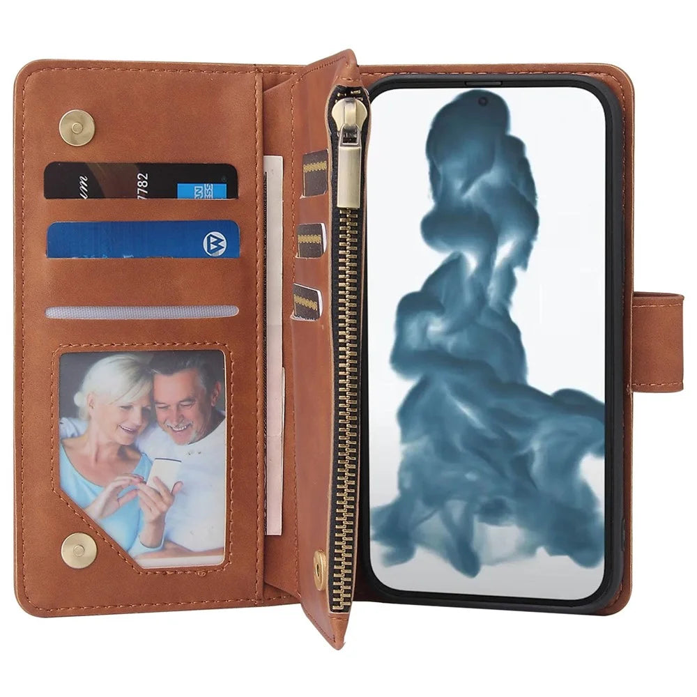 For iPhone 14 Plus 6.7 inch  Drop-proof Zipper Pocket Phone Wallet Case with Multiple Card Slots Protective PU Leather Flip Cover Stand - Brown - 3