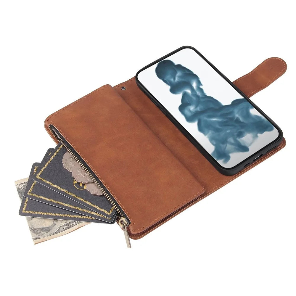 For iPhone 14 Plus 6.7 inch  Drop-proof Zipper Pocket Phone Wallet Case with Multiple Card Slots Protective PU Leather Flip Cover Stand - Brown - 4