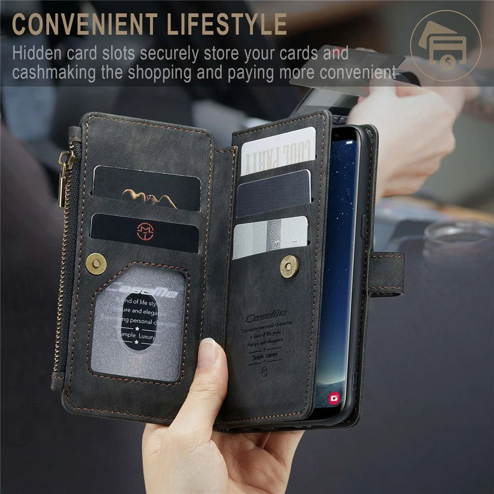 For Samsung Galaxy S22 5G Phone Cases with Strap CASEME C30 Zipper Multiple Card Holder PU Leather Cover - Black - 5