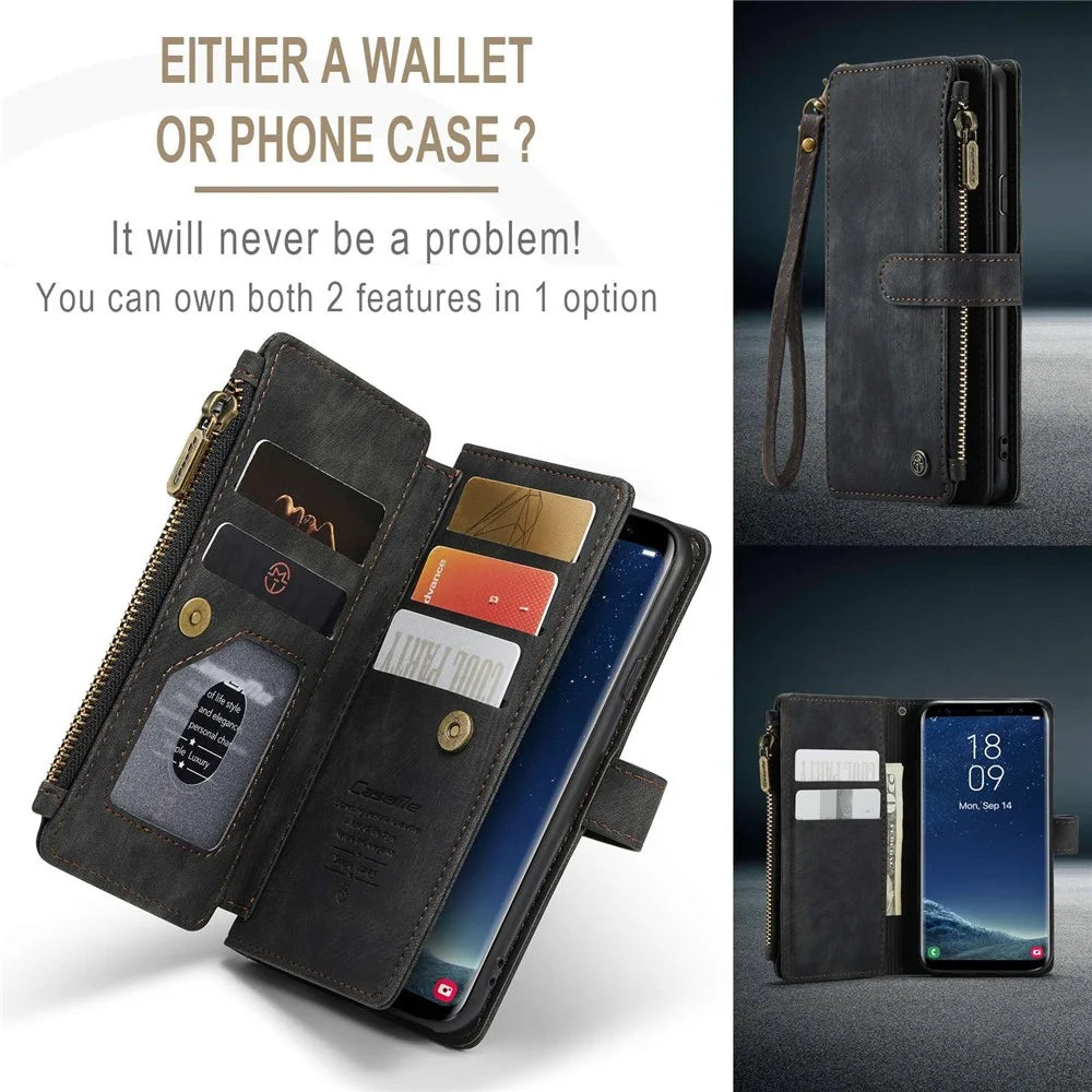 For Samsung Galaxy S22 5G Phone Cases with Strap CASEME C30 Zipper Multiple Card Holder PU Leather Cover - Black - 6