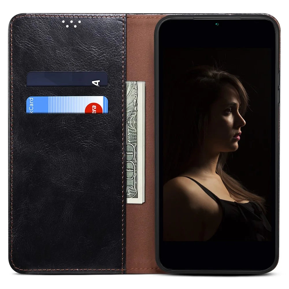 For iPhone 14 Pro 6.1 inch Shockproof Leather Phone Case Waxy Crazy Horse Texture Stand Wallet Protective Cover - Black - 2