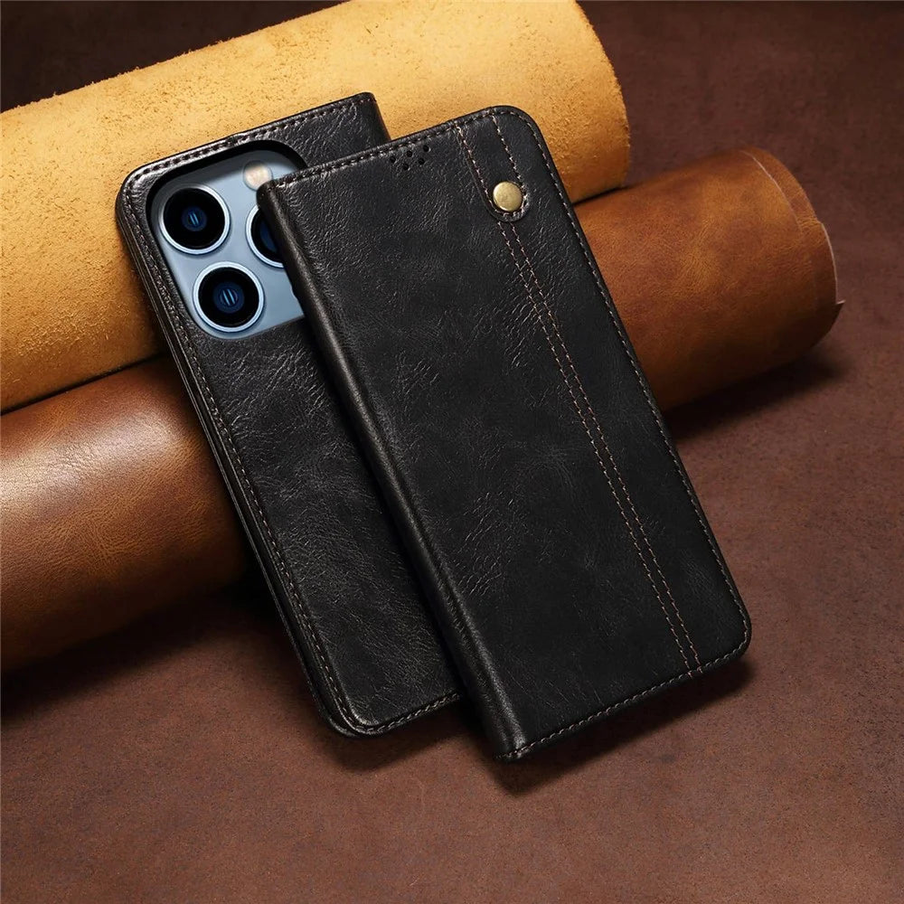 For iPhone 14 Pro 6.1 inch Shockproof Leather Phone Case Waxy Crazy Horse Texture Stand Wallet Protective Cover - Black - 7