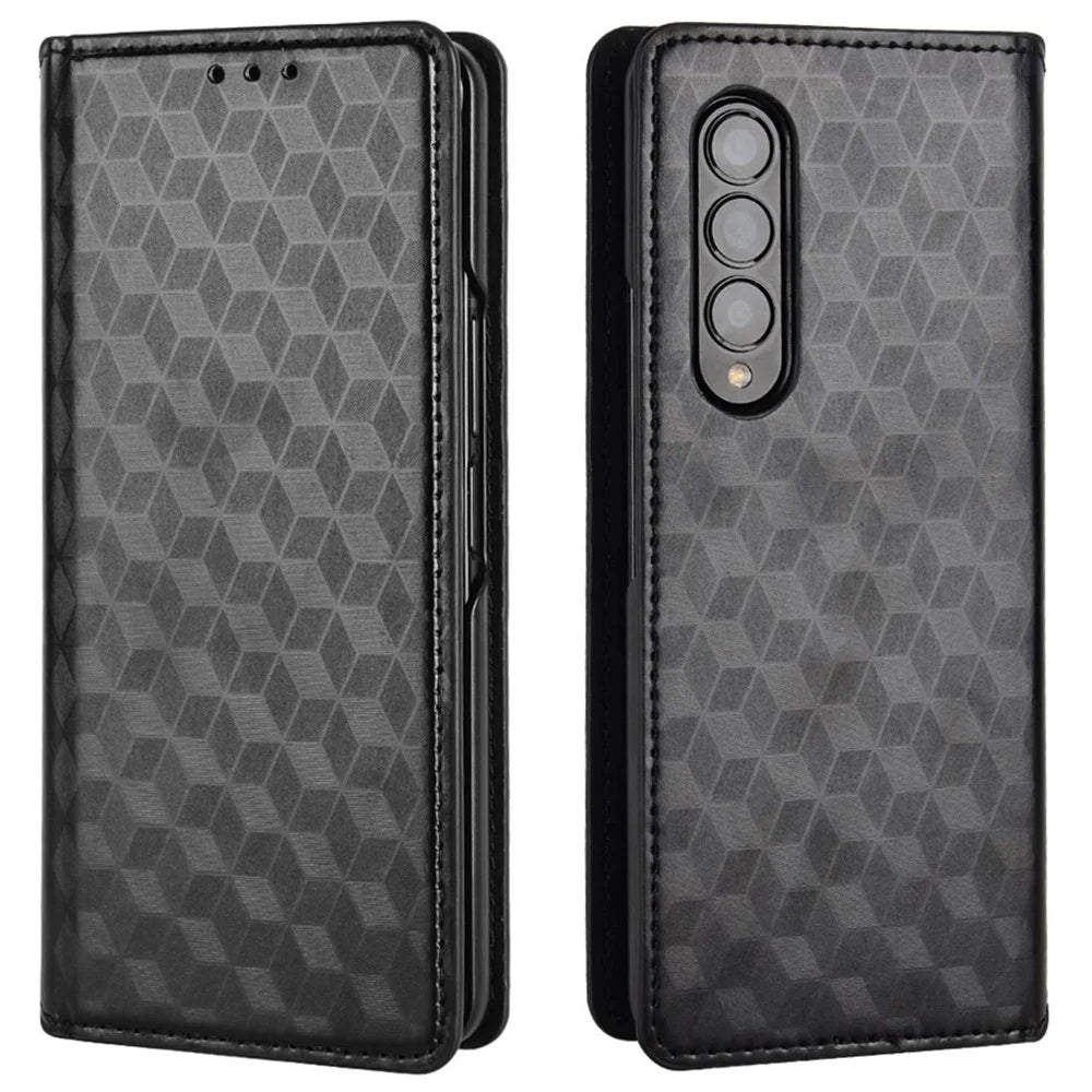 For Samsung Galaxy Z Fold4 5G PU Leather + PC Case Magnetic Auto-absorbed Imprinting Rhombus Pattern Stand Wallet Phone Cover - Black - 1