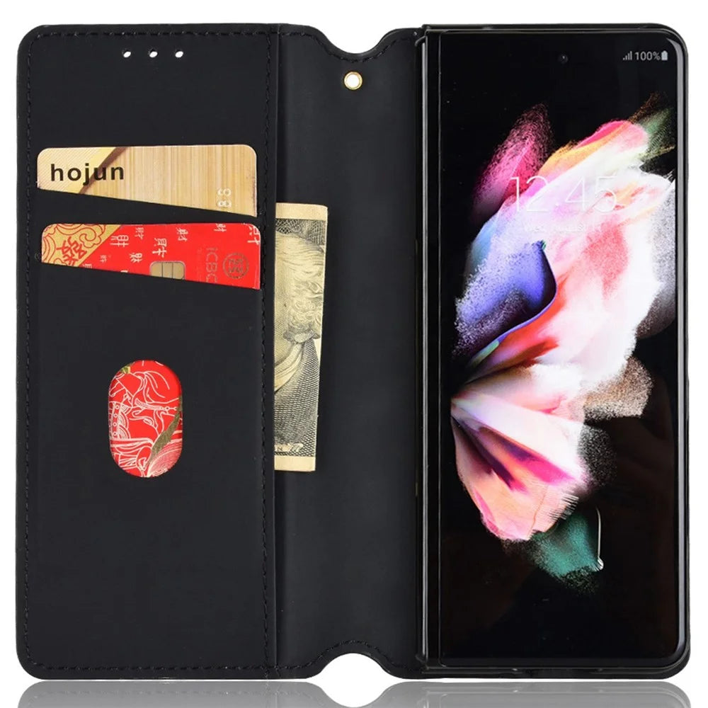 For Samsung Galaxy Z Fold4 5G PU Leather + PC Case Magnetic Auto-absorbed Imprinting Rhombus Pattern Stand Wallet Phone Cover - Black - 2