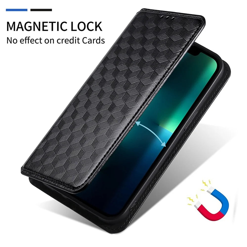 For Samsung Galaxy Z Fold4 5G PU Leather + PC Case Magnetic Auto-absorbed Imprinting Rhombus Pattern Stand Wallet Phone Cover - Black - 4