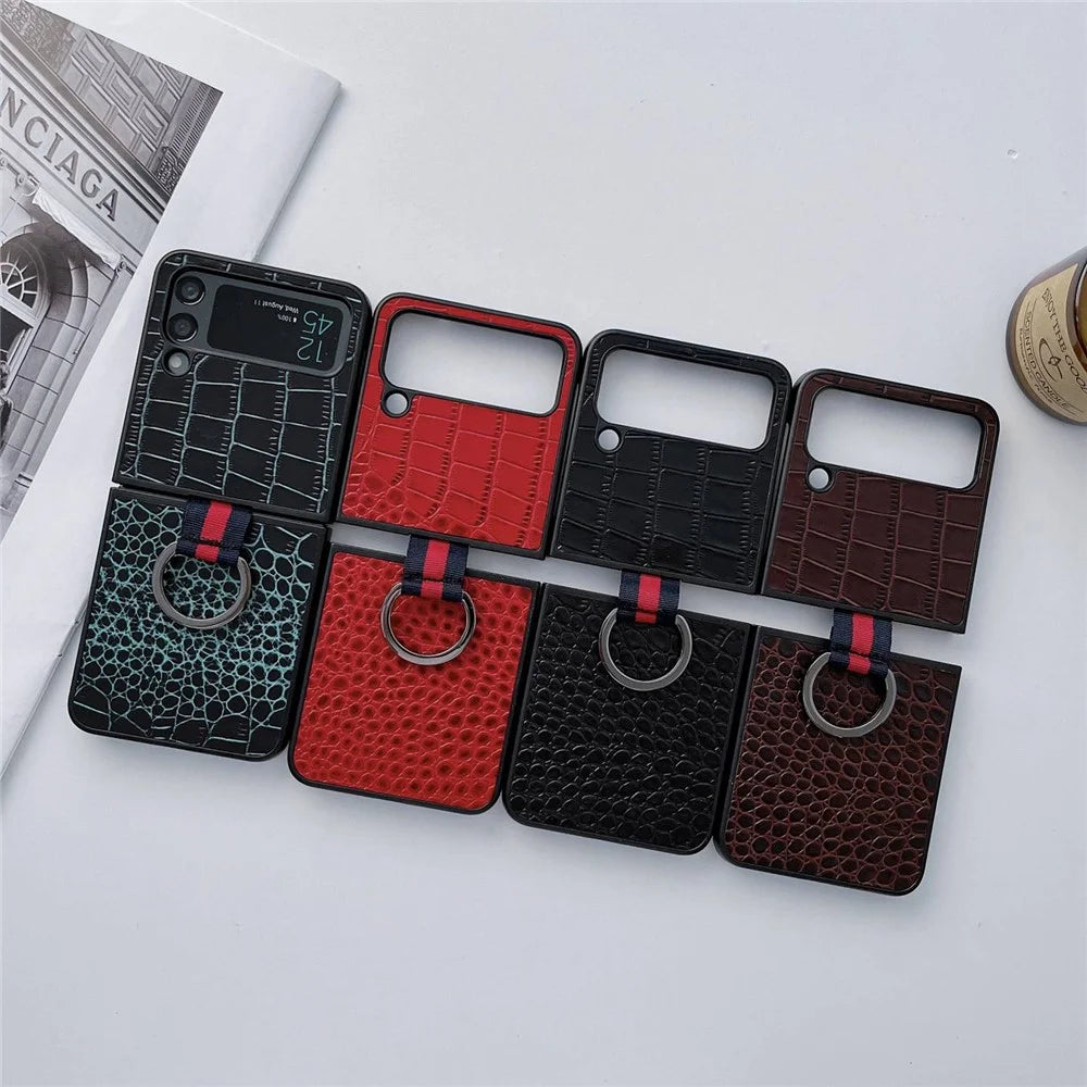 For Samsung Galaxy Z Flip4 5G Genuine Cowhide Leather Coated PC Cover Finger Ring Holder Folding Phone Case - Green - 7
