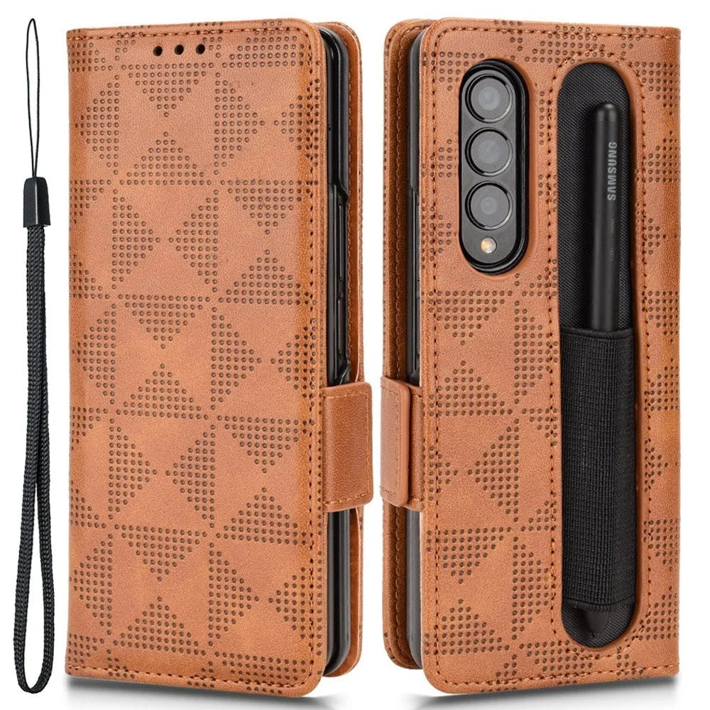 For Samsung Galaxy Z Fold4 5G Shockproof Phone Case with Pen Slot Triangle Pattern Imprinted PU Leather Flip Wallet Cover Stand - Brown - 1