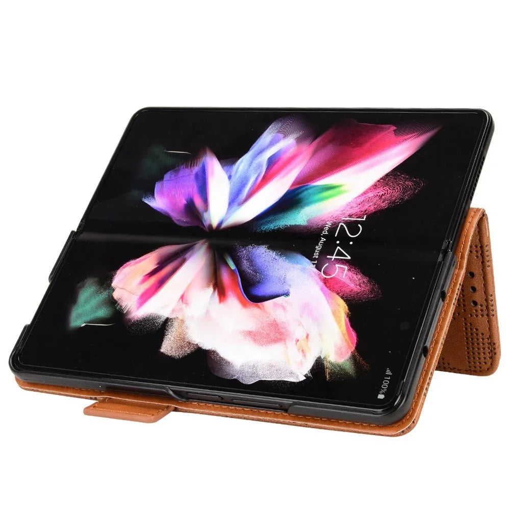 For Samsung Galaxy Z Fold4 5G Shockproof Phone Case with Pen Slot Triangle Pattern Imprinted PU Leather Flip Wallet Cover Stand - Brown - 3
