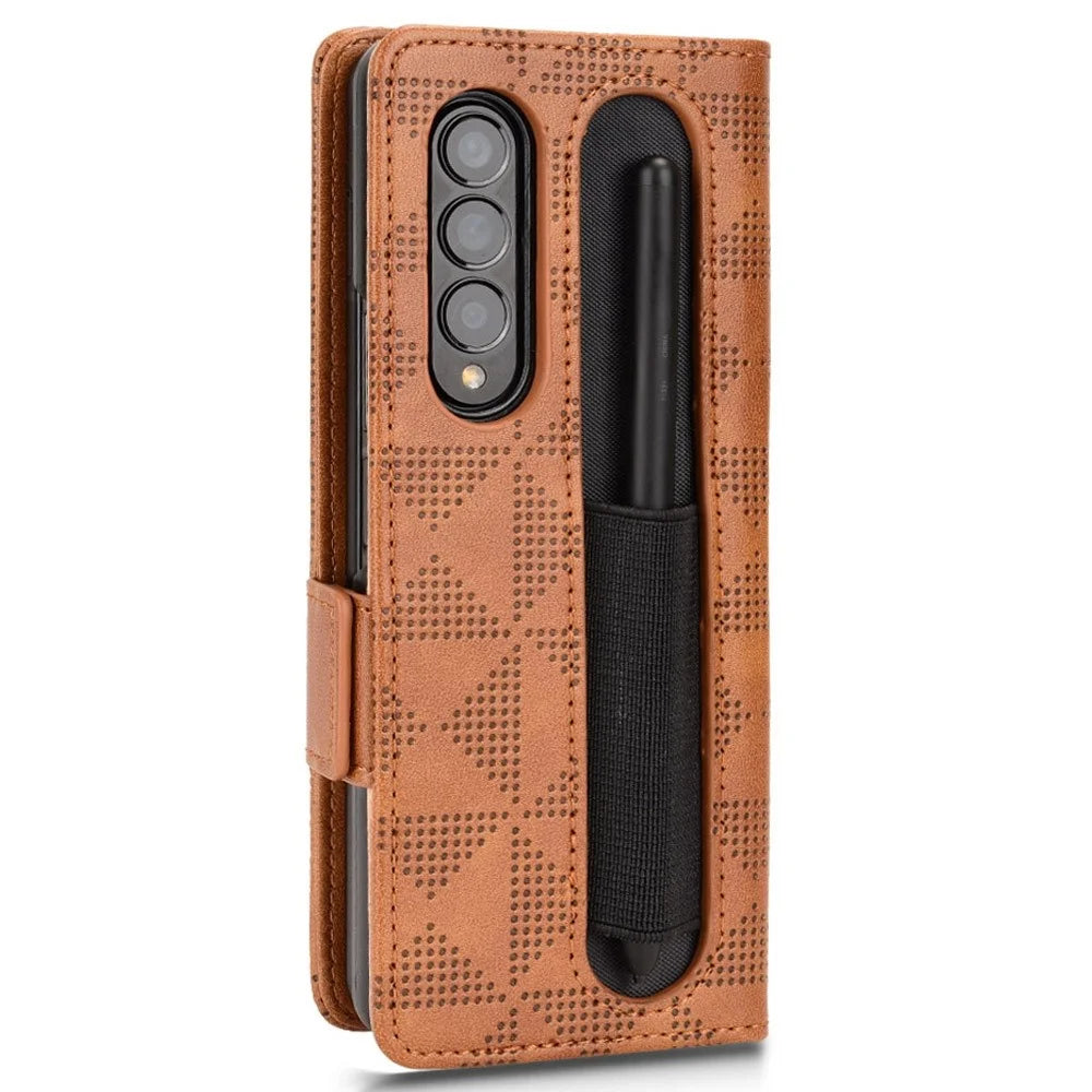 For Samsung Galaxy Z Fold4 5G Shockproof Phone Case with Pen Slot Triangle Pattern Imprinted PU Leather Flip Wallet Cover Stand - Brown - 7