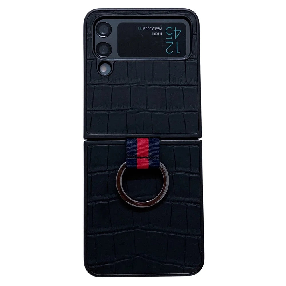 For Samsung Galaxy Z Flip4 5G Anti-scratch Crocodile Texture Genuine Leather Coated PC Folding Phone Case with Finger Ring Holder - Black - 1