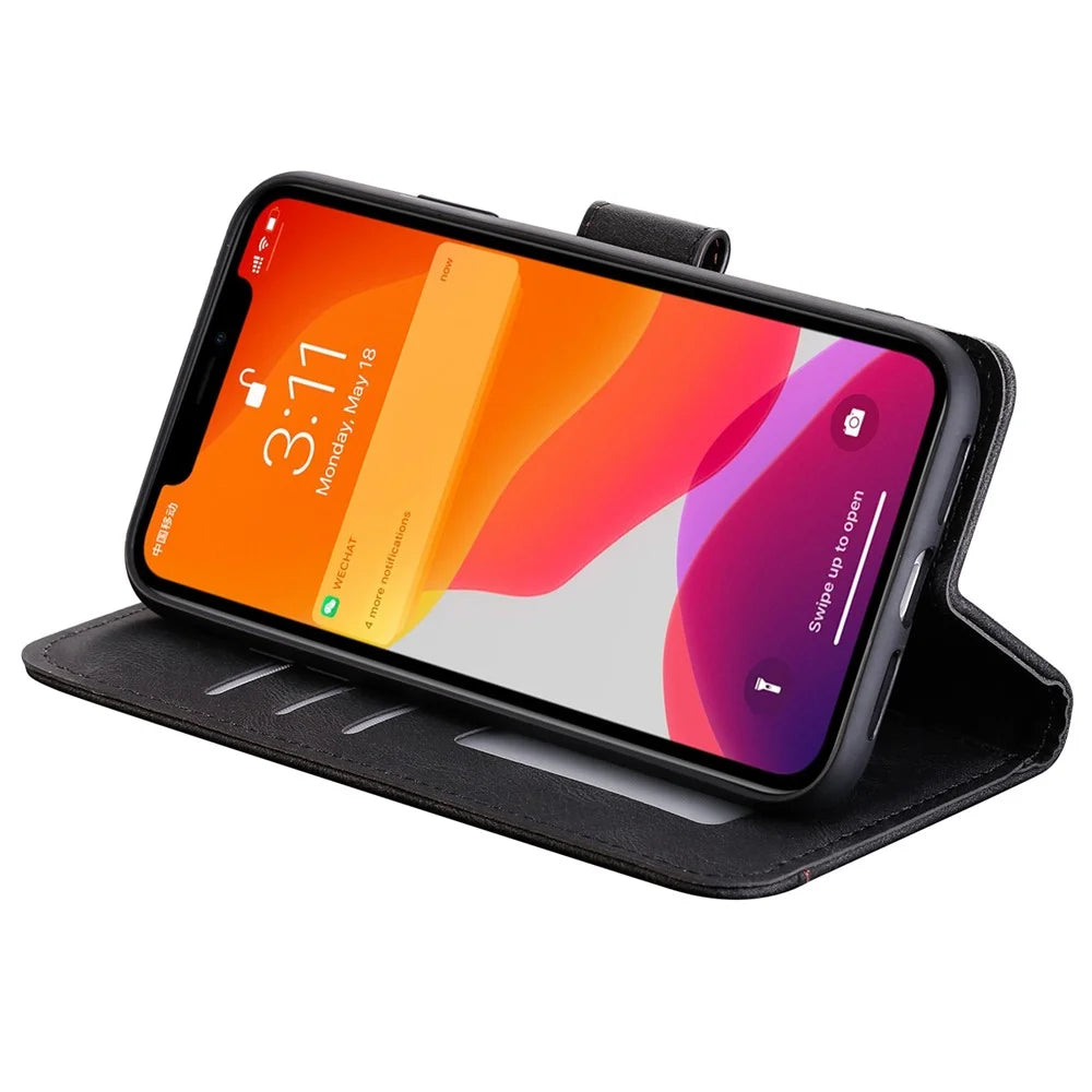 For iPhone 14 Plus Splicing Stitching Skin-touch Folio Flip Case Stand PU Leather Drop-proof Cell Phone Cover - Black - 3
