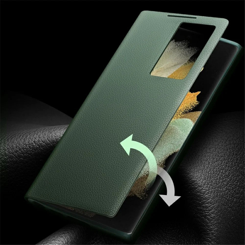QIALINO For Samsung Galaxy S22 5G Smart Auto Wake Up / Sleep View Window Phone Case Genuine Cowhide Leather Phone Flip Cover - Green - 3