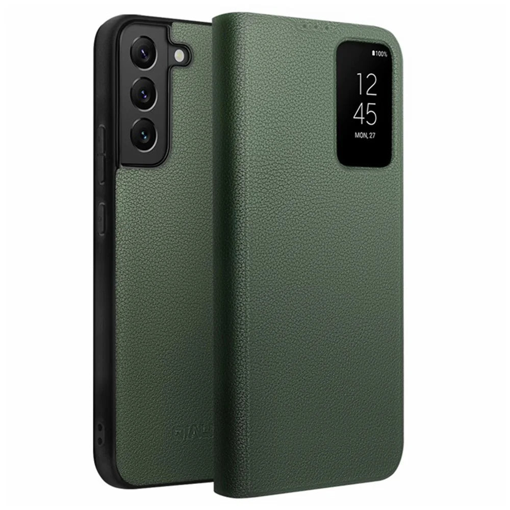 QIALINO Phone Cover Bag for Samsung Galaxy S22+ 5G, Smart Auto Wake Up / Sleep View Window Genuine Cowhide Leather Phone Case - Green - 1