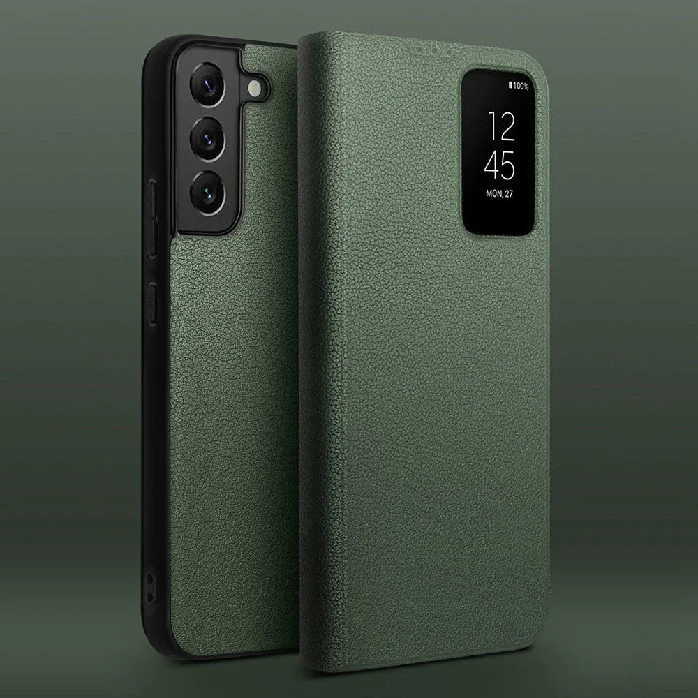 QIALINO Phone Cover Bag for Samsung Galaxy S22+ 5G, Smart Auto Wake Up / Sleep View Window Genuine Cowhide Leather Phone Case - Green - 2