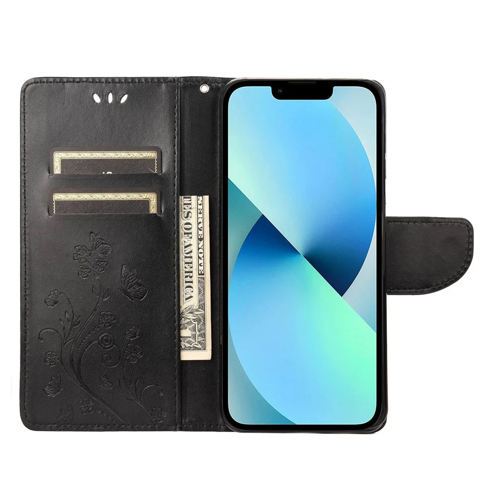 For iPhone 14 6.1 inch Smartphone Shell Imprinted Butterflies Leather Mobile Phone Case Wallet Stand Covering - Black - 2