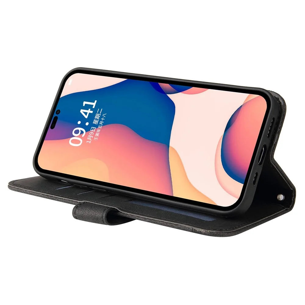 For iPhone 14 Pro Leather Wallet Cases Skin Touch Phone Cover Stand with Strap - Black - 4