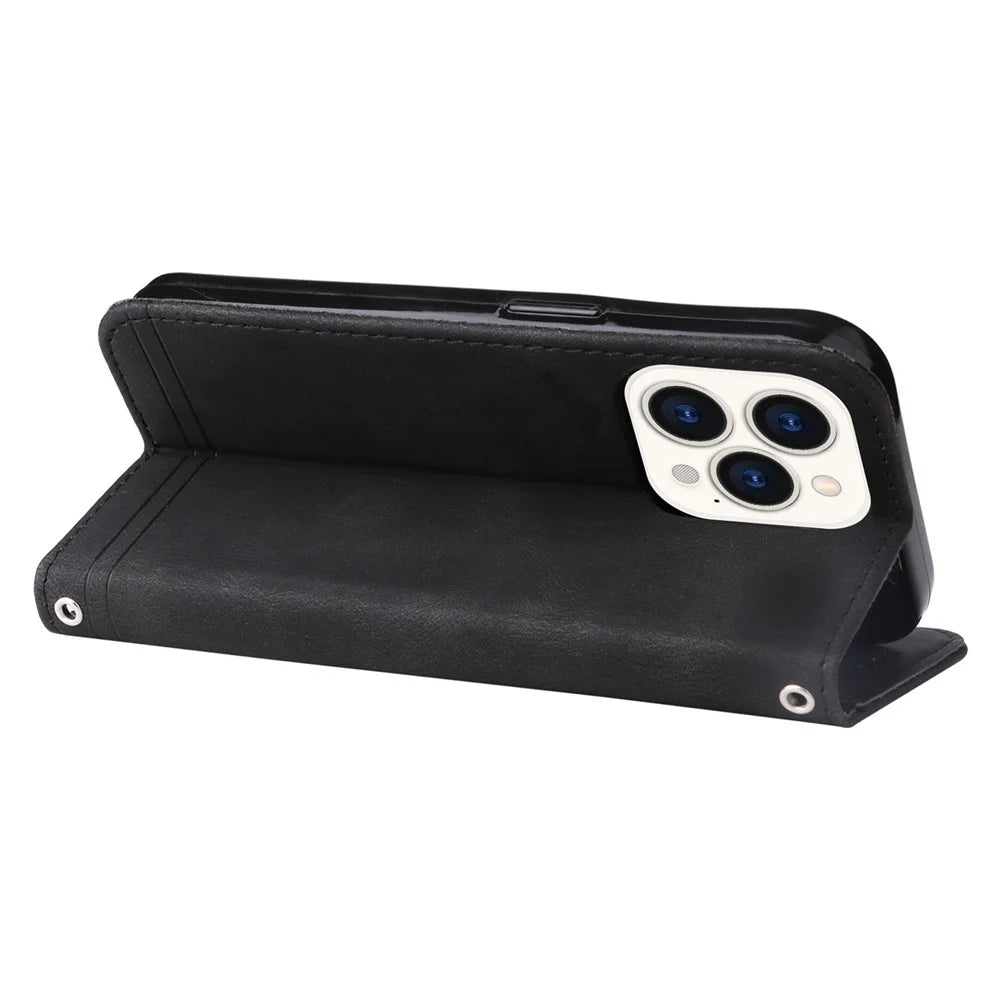 For iPhone 14 Pro Leather Wallet Cases Skin Touch Phone Cover Stand with Strap - Black - 5