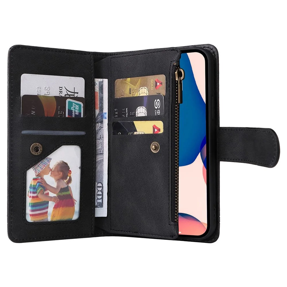 For iPhone 14 Plus Scratch Proof Skin-touch Stripes Imprinted Leather Cover Card Slots Flip Wallet Stand Protective Case with Zipper Pocket - Black - 3
