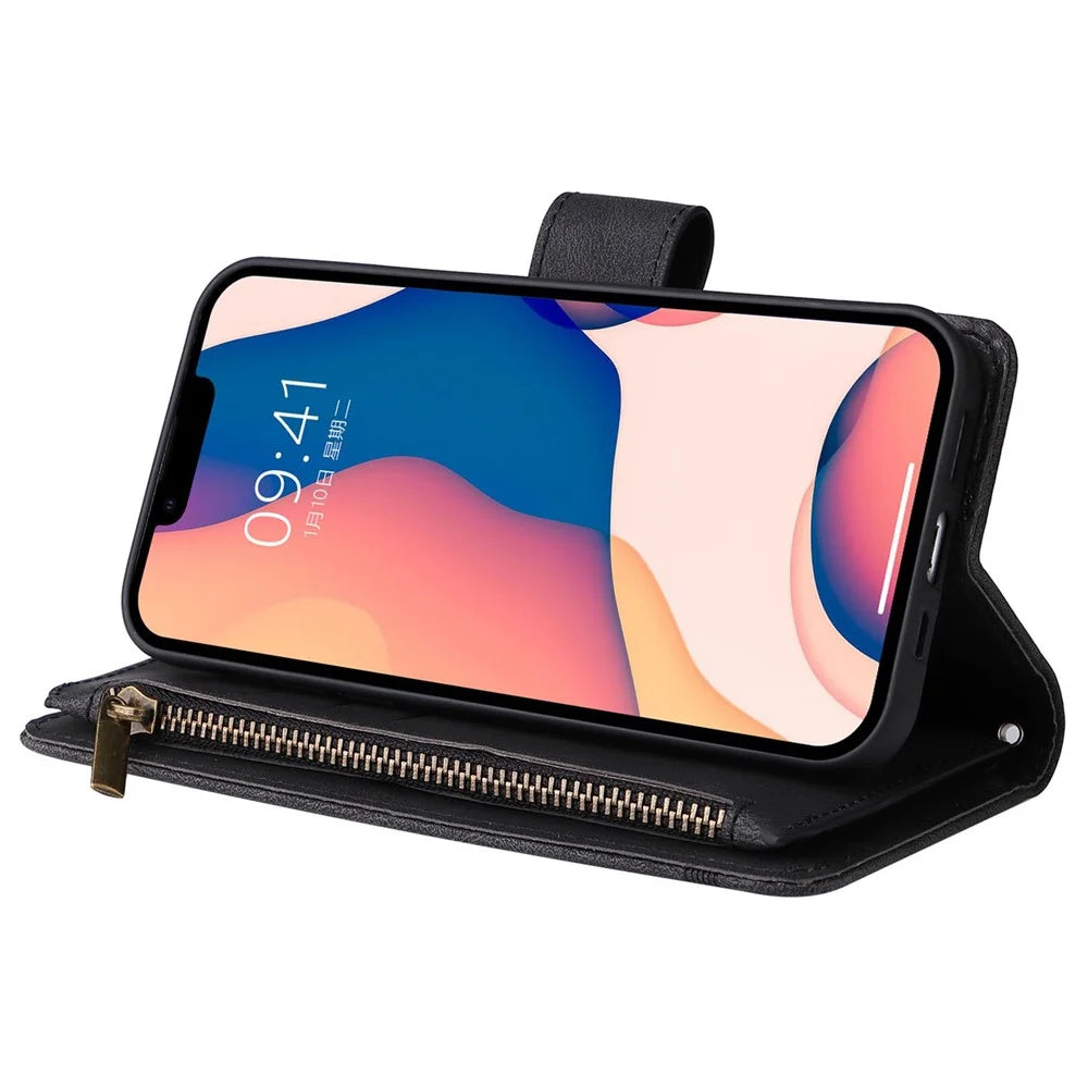 For iPhone 14 Plus Scratch Proof Skin-touch Stripes Imprinted Leather Cover Card Slots Flip Wallet Stand Protective Case with Zipper Pocket - Black - 4