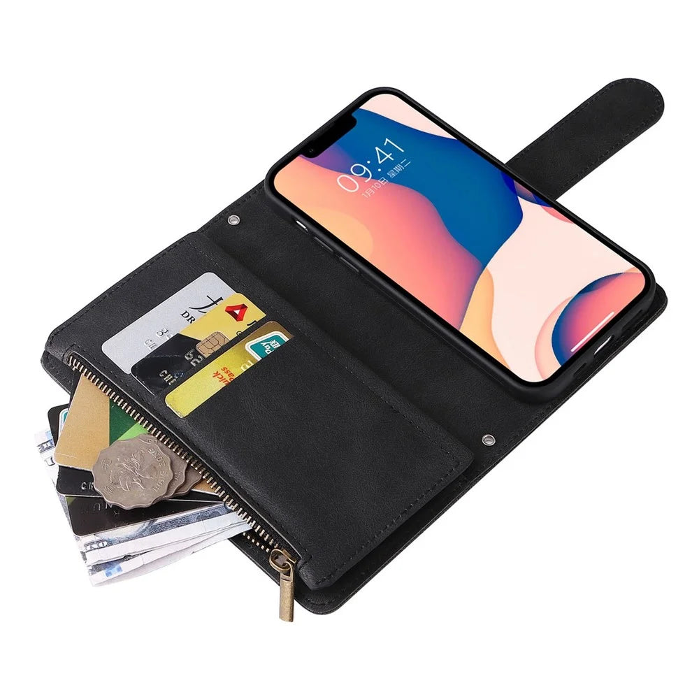 For iPhone 14 Plus Scratch Proof Skin-touch Stripes Imprinted Leather Cover Card Slots Flip Wallet Stand Protective Case with Zipper Pocket - Black - 6
