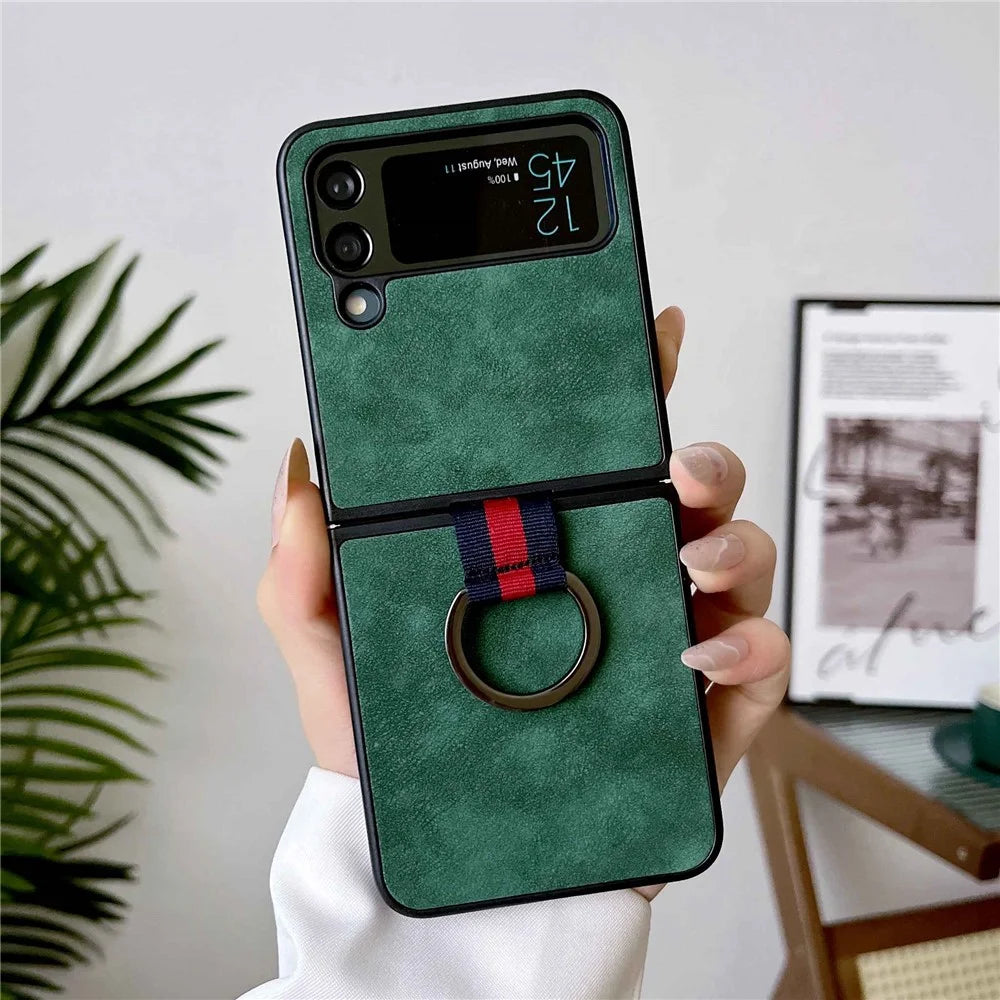 For Samsung Galaxy Z Flip4 5G Metal Finger Ring Phone Case Anti-scratch PU Leather Coated PC Back Cover - Green - 2