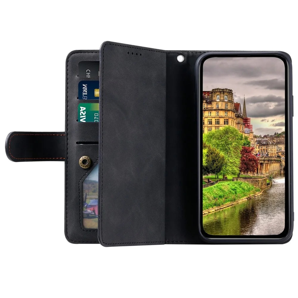 For iPhone 14 Pro Max 6.7 inch Cellphone Shell, Zipper Pocket Design 9 Card Slots PU Leather Case Magnetic Closure Stand Wallet Cover with Strap - Black - 2