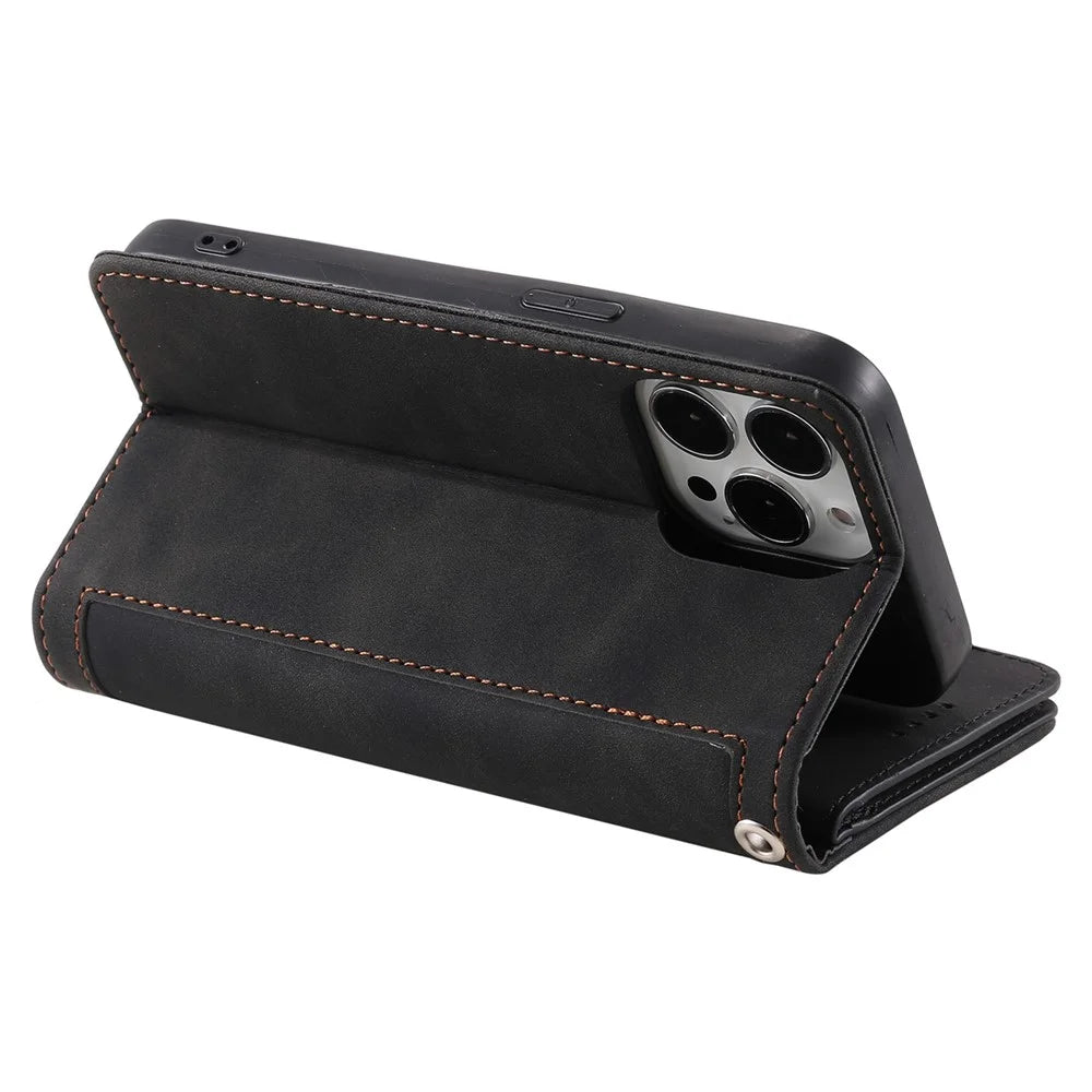 For iPhone 14 Pro Max 6.7 inch Cellphone Shell, Zipper Pocket Design 9 Card Slots PU Leather Case Magnetic Closure Stand Wallet Cover with Strap - Black - 4