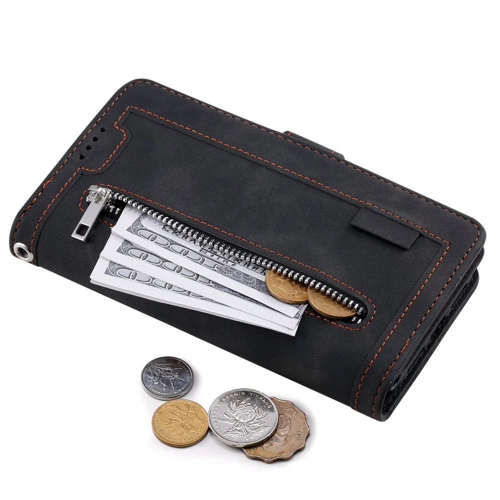 For iPhone 14 Pro Max 6.7 inch Cellphone Shell, Zipper Pocket Design 9 Card Slots PU Leather Case Magnetic Closure Stand Wallet Cover with Strap - Black - 5