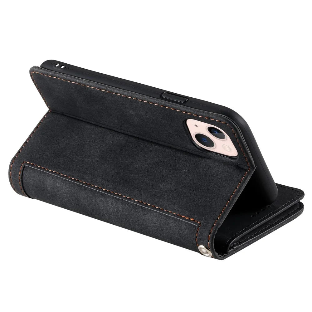 For iPhone 14 Plus Zipper Pocket Design 9 Card Slots Shockproof PU Leather Case Magnetic Closure Stand Wallet Cover with Strap - Black - 4