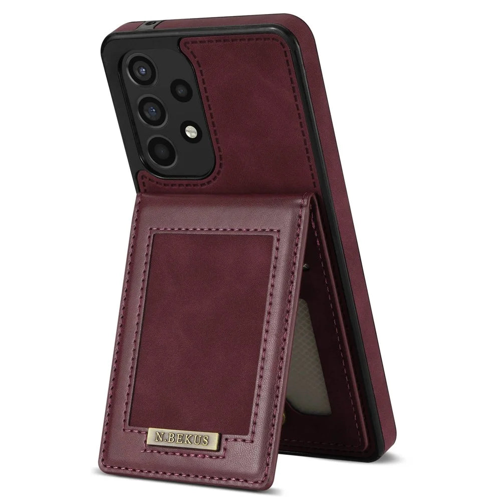 N.BEKUS For Samsung Galaxy A52 4G / 5G / A52s 5G Shockproof Phone Case Vertical Card Holder Kickstand PU Leather+TPU RFID Blocking Phone Cover - Wine Red - 1