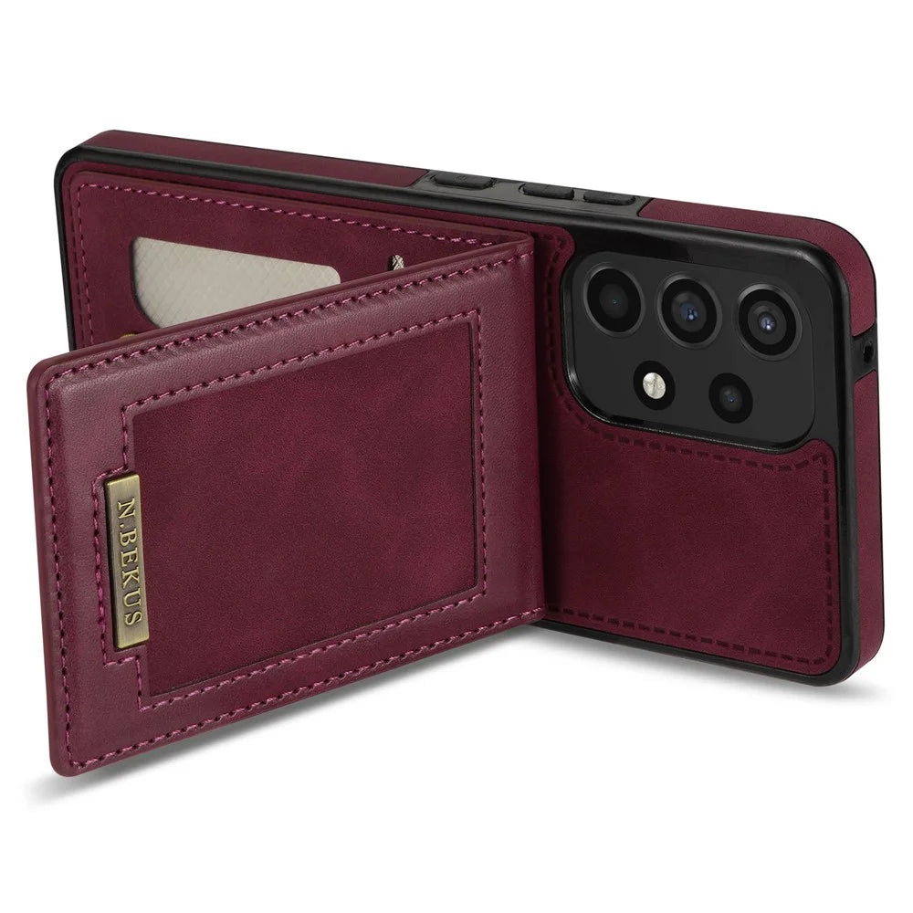 N.BEKUS For Samsung Galaxy A52 4G / 5G / A52s 5G Shockproof Phone Case Vertical Card Holder Kickstand PU Leather+TPU RFID Blocking Phone Cover - Wine Red - 5