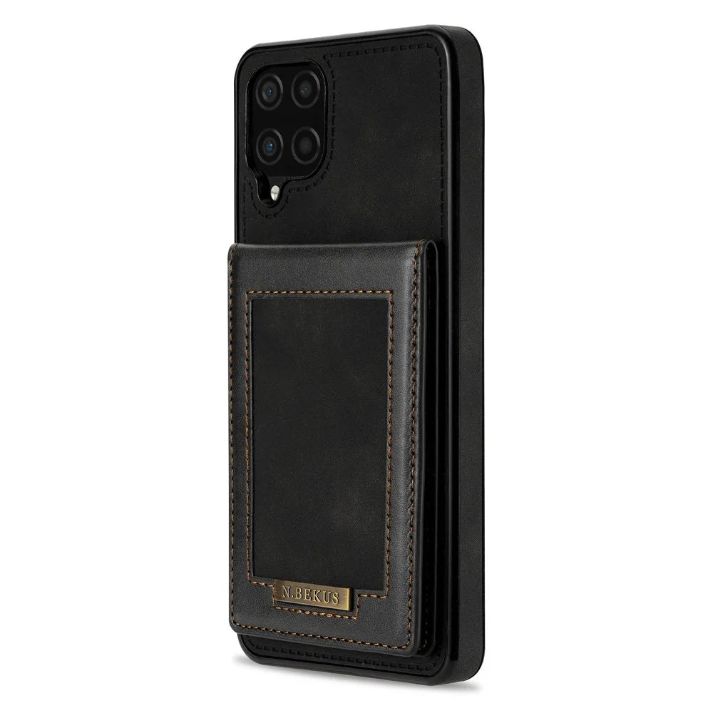 N.BEKUS For Samsung Galaxy A12 Drop-proof Phone Cover Shell Kickstand RFID Blocking Vertical Card Holder PU Leather+TPU Phone Back Case - Black - 2