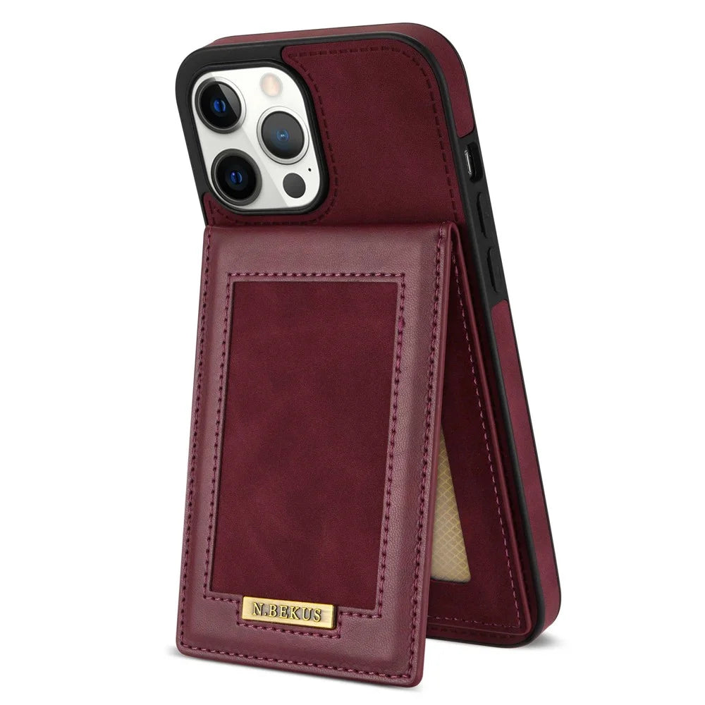 N.BEKUS RFID Blocking Phone Cover for iPhone 12 Pro / 12 6.1 inch, Vertical Card Holder Kickstand Design PU Leather+TPU Phone Case Shell - Wine Red - 1