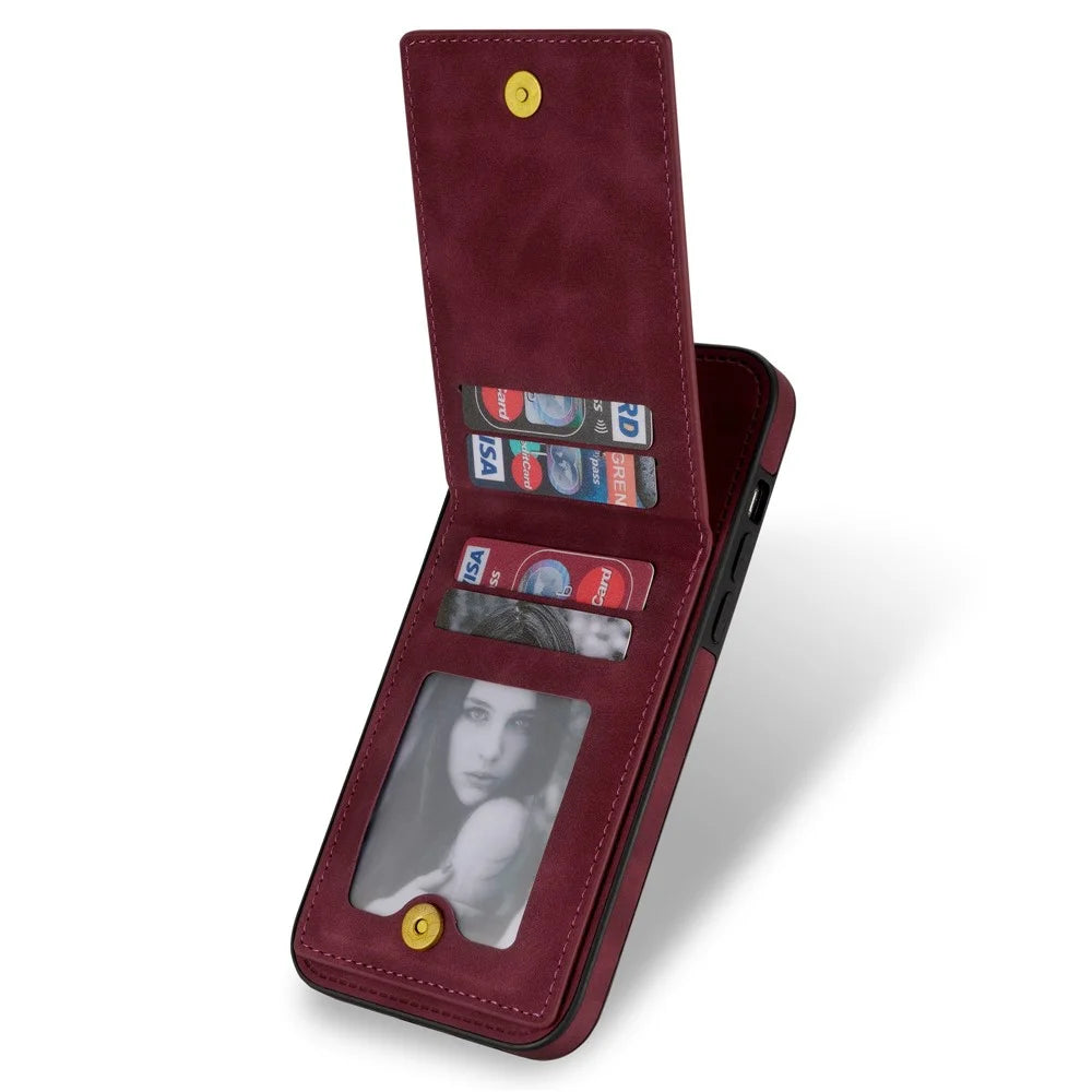 N.BEKUS Phone Cover Shell for iPhone 13 6.1 inch, RFID Blocking Vertical Card Holder Kickstand PU Leather+TPU Phone Case - Wine Red - 2