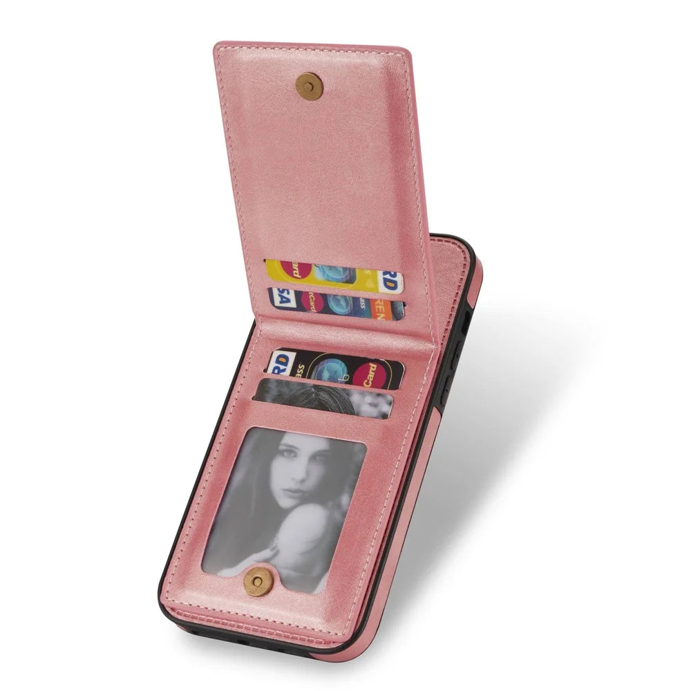 N.BEKUS Vertical Card Holder Kickstand Phone Cover for iPhone 14 Pro 6.1 inch, RFID Blocking PU Leather+TPU Phone Case - Rose Gold - 2