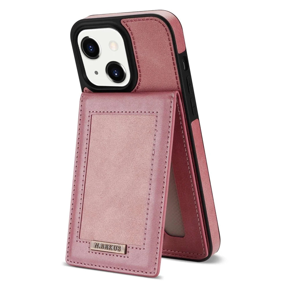 N.BEKUS For iPhone 14 6.1 inch Vertical Card Holder Kickstand Design PU Leather+TPU Phone Case RFID Blocking Phone Cover - Rose Gold - 1